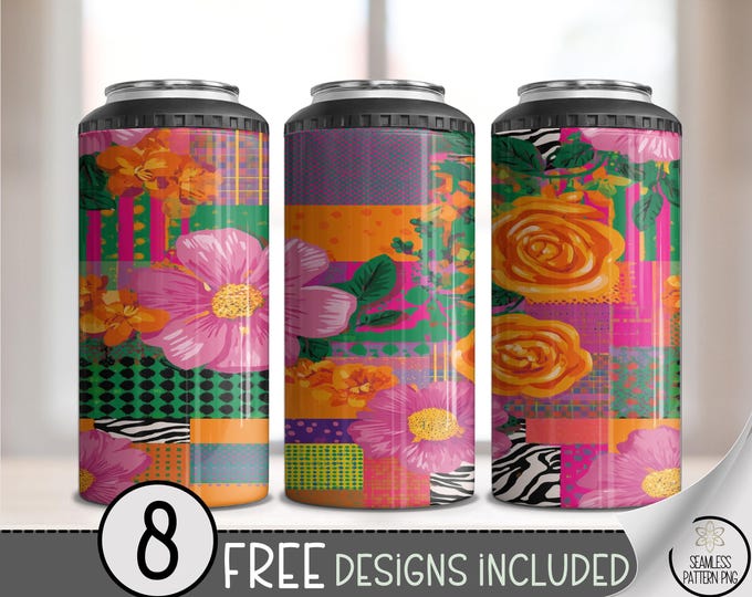 Spring Flowers 4in1 Can Cooler Wrap, Bold Floral Sublimation Design, Retro Pop 16 oz 4-in-1 File, Funky Pattern PNG, B10047
