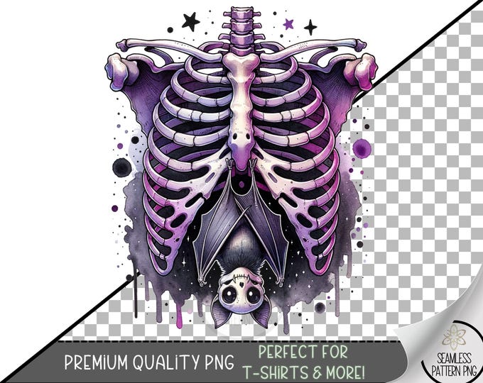 Purple Skeleton Rib Cage with Bat PNG Clipart, Gothic Halloween Sublimation Design, Spooky Horror Digital Download, A384