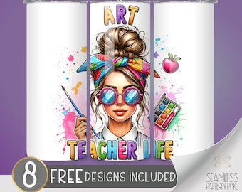 Art teacher life tumbler wrap png, 20 oz skinny tumbler wrap, skinny tumbler 20 oz teacher life, Art teacher sublimation tumbler design file