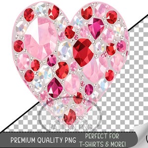 May include: A heart-shaped design composed of various pink and red gemstones, including diamonds. The design is set against a transparent background. Text at the bottom reads "PREMIUM QUALITY PNG PERFECT FOR T-SHIRTS & MORE!"