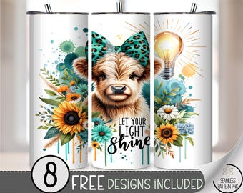 Cheerful 20 oz tumbler wrap: Cute Highland Cow Calf Digital Download Sublimation Design for Skinny Tumblers, Boho Watercolor PNG Files A502