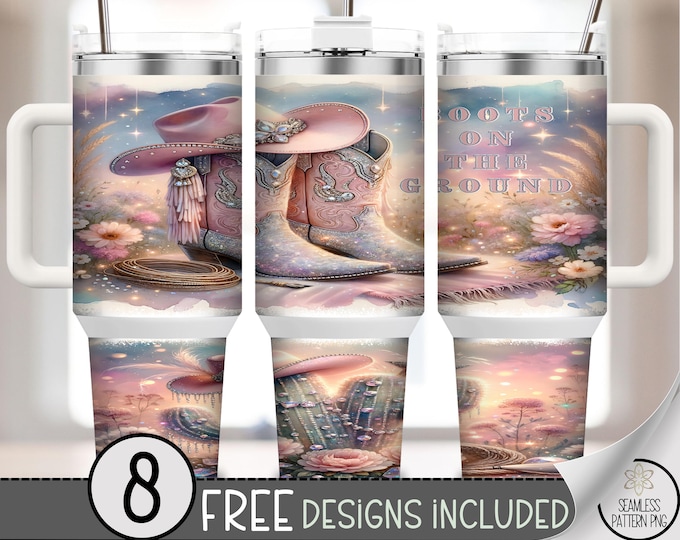 Boots On The Ground 40 oz Tumbler Wrap PNG, Sparkle Cowgirl Boots and Hat with Flowers, Western Pink Rodeo Country Sublimation File, A306