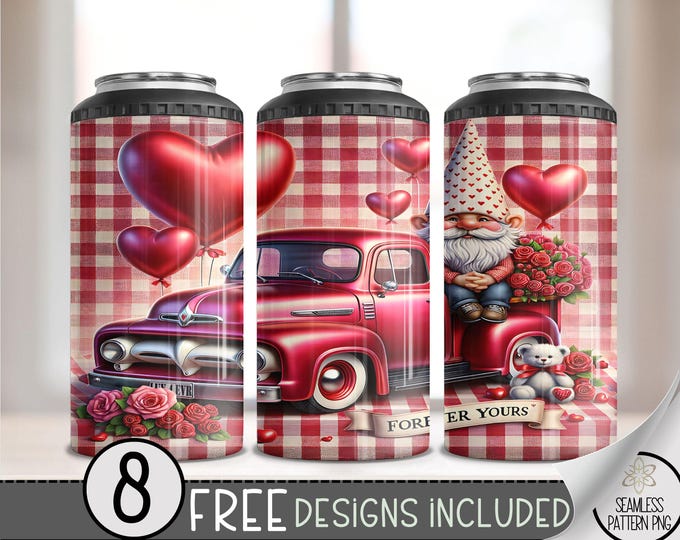 Valentine Gnome 4 in 1 Can Cooler Wrap, Cute Vday Vintage Truck 4in1 Tumbler PNG, Love & Hearts 16 Oz Can Cooler Sublimation Design Digital