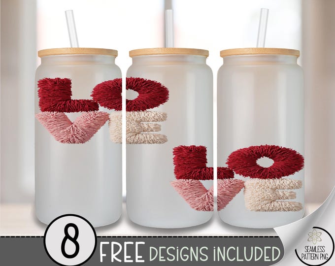 LOVE Glass Can Wrap, Crochet Valentines 16oz Glass Tumbler Sublimation Design, Latch Hook Faux Yarn PNG File, A814