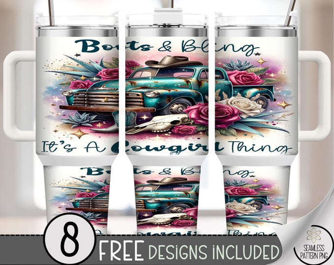 40 oz Western Tumbler Wrap PNG, Cowgirl Skull and Boots Sublimation, 40oz Rustic Floral Vintage Truck Wrap for Country Girl Style, A281