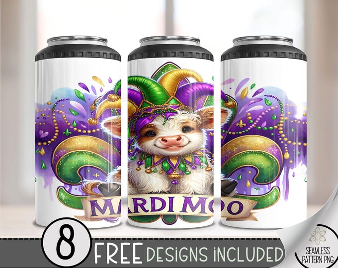 Highland Cow 4 in 1 Can Cooler Wrap, Mardi Gras 4 in 1 Tumbler PNG, Seamless Carnival Mask 16 Oz Can Cooler Sublimation Design, Festival PNG