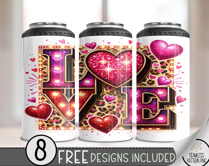 Valentine's Day love 4 in 1 Can Cooler Wrap, Western Love 4in1 Tumbler PNG, Seamless Leopard Valentine 16 Oz Can Cooler Sublimation Design