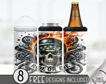 Motorcycle Can Cooler Wrap, Flaming Skull 16 oz 4-in-1 Cooler Sublimation, Biker Design File, Ride Or Die Can Cooler PNG Wrap, Skeleton Wrap