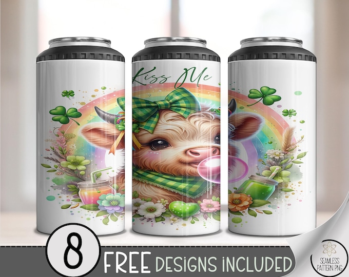 Lucky Cow 4-in-1 Can Cooler PNG: Coquette Highland Heifer, Digital Download, Shamrock Design, Sublimation, A797