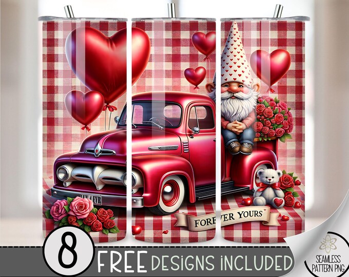 Vintage Truck Gnome Tumbler Wrap, Valentine's Day 20oz Skinny Tumbler Sublimation Design, Cute Vday Tumbler Wrap File, PNG, Teddy Bear Roses