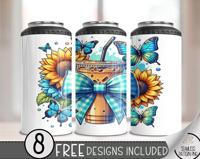 Coffee Sunflower 4 in 1 Can Cooler Wrap, Gingham Coquette Bow Sublimation Design,Summer Butterfly 4in1 Tumbler PNG,Girly Can Wrap File, A114