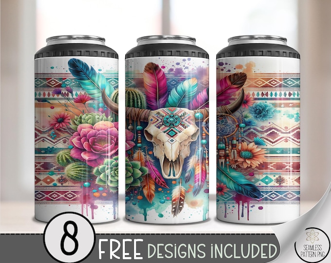 Boho Skull with Feathers 4-in-1 Can Cooler Wrap PNG, Western Bull Skull Sublimation, Dreamcatcher and Cactus Floral Wrap Design, A404