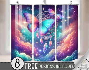 Celestial Butterflies 20oz Tumbler Wrap, Butterfly Dreamcatcher 20oz Skinny Tumbler Sublimation Design, Cute Rainbow Tumbler Wrap File PNG