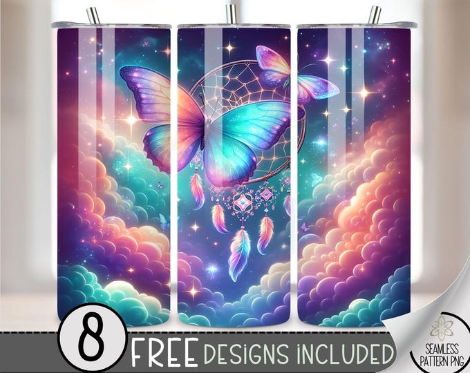 Celestial Butterflies 20oz Tumbler Wrap, Butterfly Dreamcatcher 20oz Skinny Tumbler Sublimation Design, Cute Rainbow Tumbler Wrap File PNG
