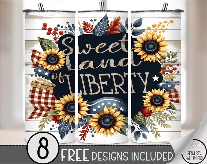 Sweet Land of Liberty Tumbler Wrap PNG, Patriotic Sunflower Buffalo Plaid 20oz Skinny Sublimation Wrap,Rustic USA Cup Design for Summer A242