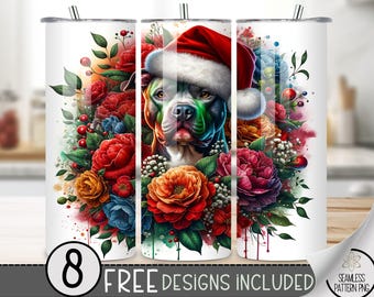 Cute Xmas Pitt Bull 20 oz Tumbler Wrap, Cute Dog 20oz Skinny Tumbler Design, Christmas Dog Tumbler Wrap, Floral Christmas Tumbler Design