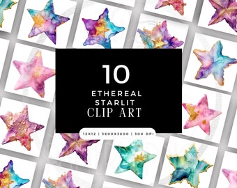 Digital, Crystal Ethereal Starlit PNG JPG Clipart Bundle, Rainbow Gold Star Sublimation File, Pastel Amethyst Clip Art Pack Commercial Use