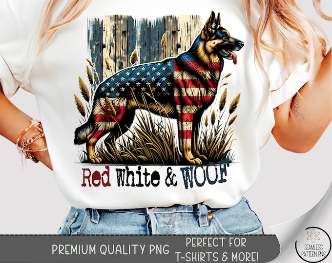 German Shepherd Shirt PNG, Red White & Woof Sublimation for Shirts, Patriotic Dog Design PNG, Dog Lover USA Flag Tee Clipart, A272
