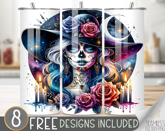 Day Of The Dead Women Tumbler Wrap, 20 oz Skinny Tumbler Wrap Sublimation PNG, Skeleton Tumbler Wrap, Gothic Celestial Tumbler, Sassy Design