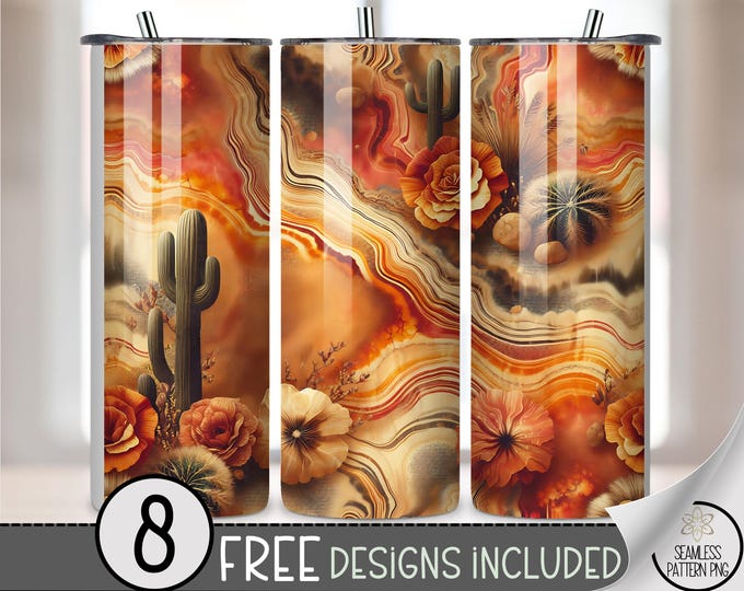 Seamless Desert 20 oz tumbler wrap: Cactus Sublimation Design for Skinny Tumblers, Rustic, Warm, PNG Files A541