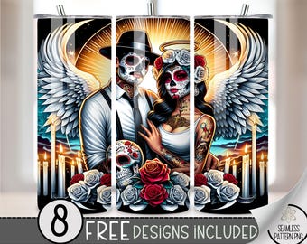 Chicano Chulo Couple Tumbler Wrap, Angel Amore 20oz Skinny Tumbler Sublimation Design,Sugar Skull Tumbler Wrap File PNG,Floral Seamless File