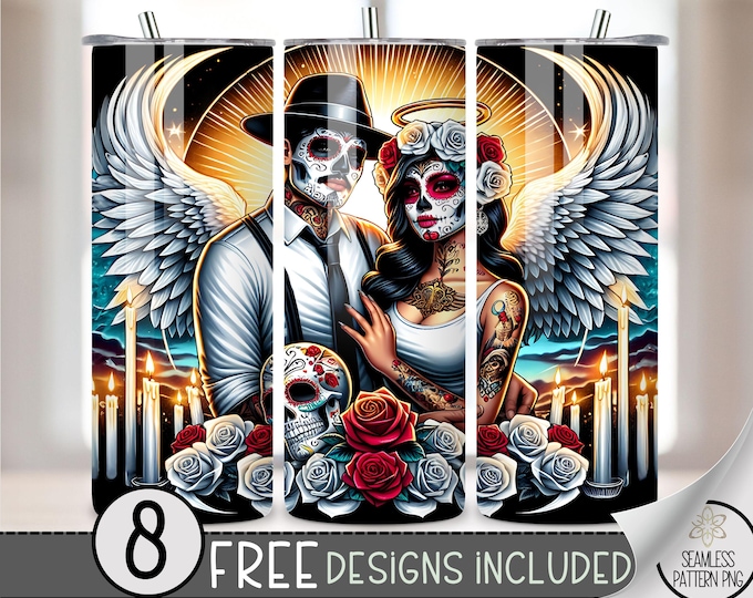 Chicano Chulo Couple Tumbler Wrap, Angel Amore 20oz Skinny Tumbler Sublimation Design,Sugar Skull Tumbler Wrap File PNG,Floral Seamless File