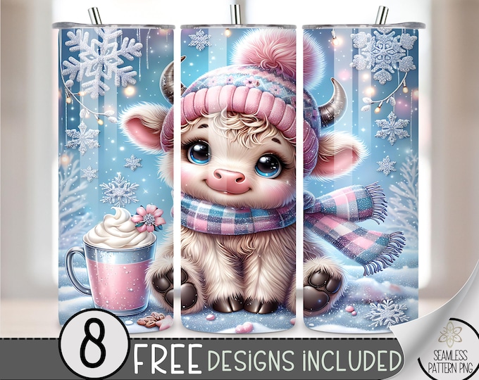 Seamless Christmas Highland Cow Tumbler Wrap, 20oz Skinny Tumbler Design PNG Highland Cow Sublimation Design for Christmas, Winter Cocoa PNG