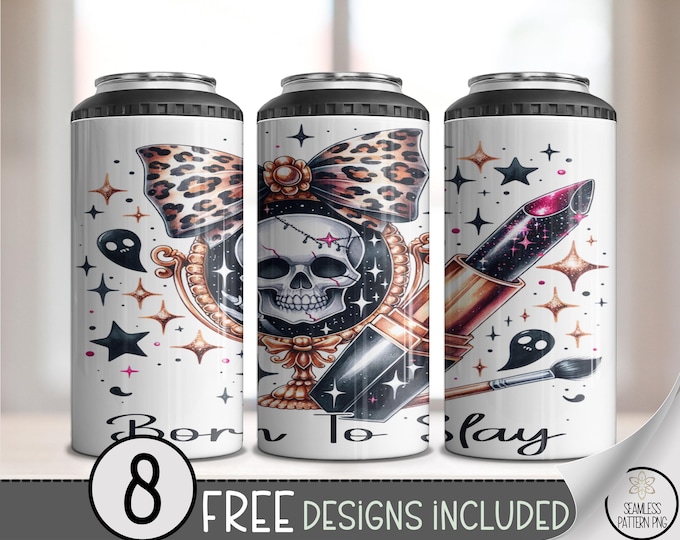 Born to Slay 4-in-1 Can Cooler Wrap PNG, Skull Lipstick Leopard Bow Tumbler Sublimation, Glam Goth Cup Design PNG, A389