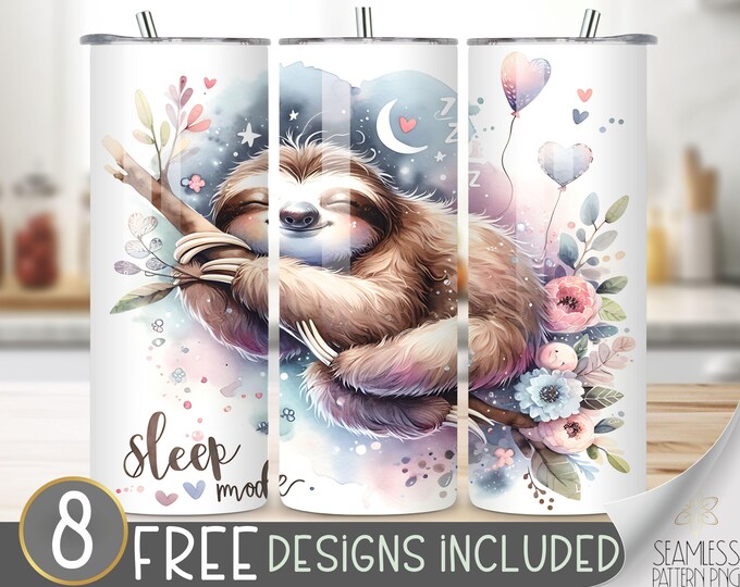 Cute Sloth Tumbler Wrap Design, Sleep Mode Digital Download, Floral Watercolor 20oz Sublimation Template, Dreamy Night Sky Tumbler Wrap