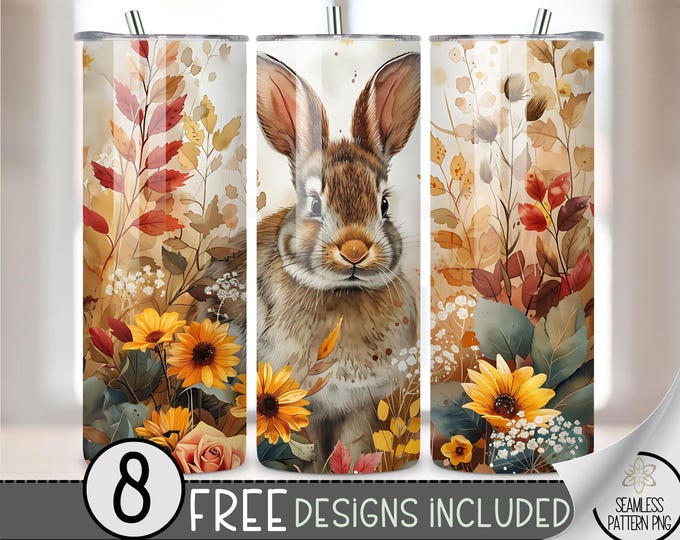 Floral Rabbit Tumbler Wrap, Sunflower Bunny 20oz Skinny Tumbler Sublimation Design, Cute Realistic Tumbler Wrap File, Seamless Easter File