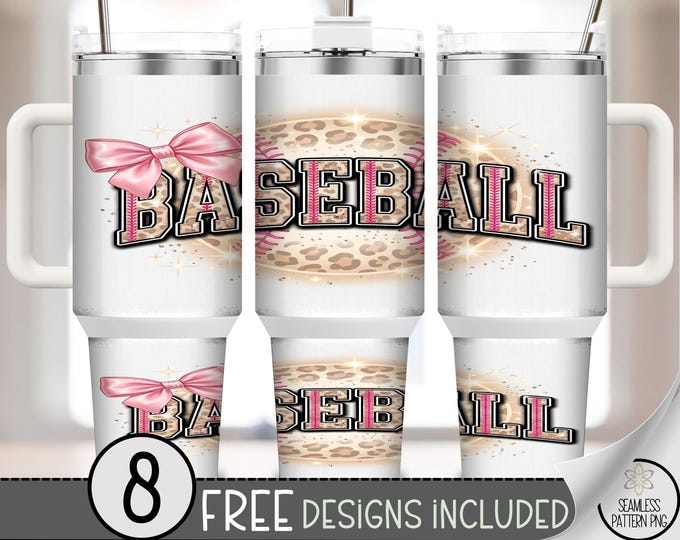 Baseball Bow 40 oz Tumbler Wrap, Sporty Sublimation Design, Pink Leopard PNG File, Digital Download, B10155