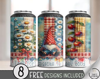 Feel Good Gnome 4-in-1 Can Cooler Wrap PNG, Cherry Daisy Plaid Sublimation Design, 4 in 1 Positive Affirmation Wrap, Cute Summer PNG, A317