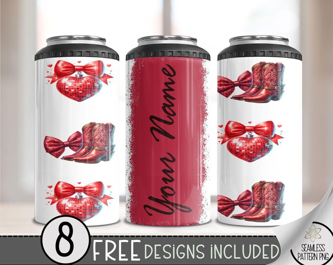 Add Your Name 4 in 1 Can Cooler Wrap, Disco Ball & Cowboy Boots 4in1 Tumbler PNG, Glitter Coquette Bow 16 Oz Can Cooler Sublimation Design