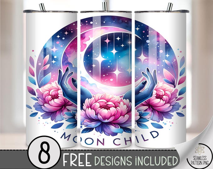 Moon Child 20 oz Tumbler Wrap PNG, Celestial Sublimation Design, Galaxy Moon with Floral & Mystical Hands, Witchy Vibes PNG, A397