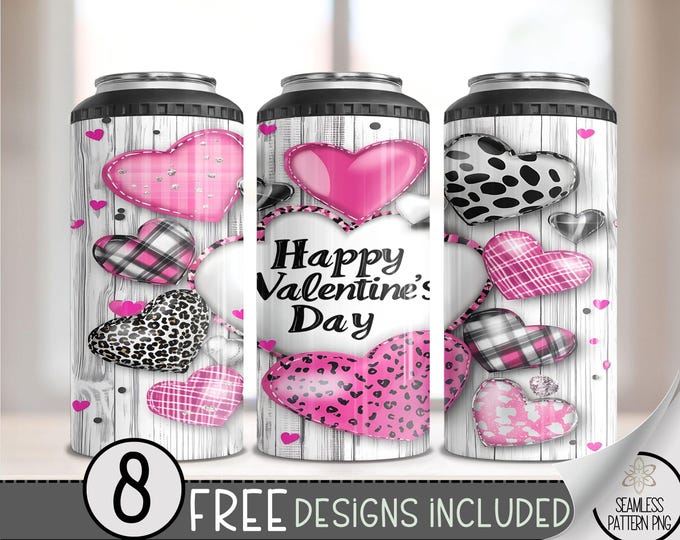 Valentines Day 4 in 1 Can Cooler Wrap, Seamless Heart 4in1 Tumbler PNG, Vday 16 Oz Can Cooler Sublimation Design,Love Hearts Hard Can Cooler