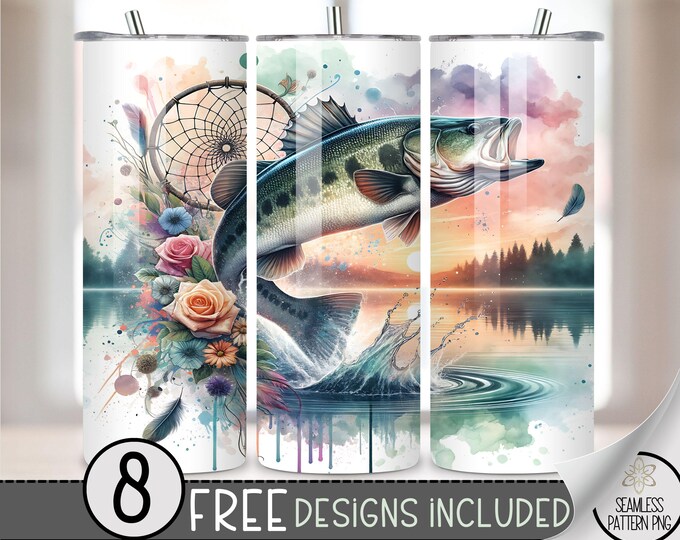 Boho Dreamcatcher Bass Floral Tumbler Wrap, Floral Sunset Sublimation Design PNG, Ethereal 20Oz Skinny Tumbler File, Lake Tumbler PNG