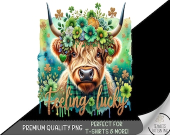St Patrick Highland Cow Clip Art Design, Patty's Day t-shirt PNG, Irish T-shirt Design, Feeling Lucky Shirt Design,Shamrock Sublimation, A61