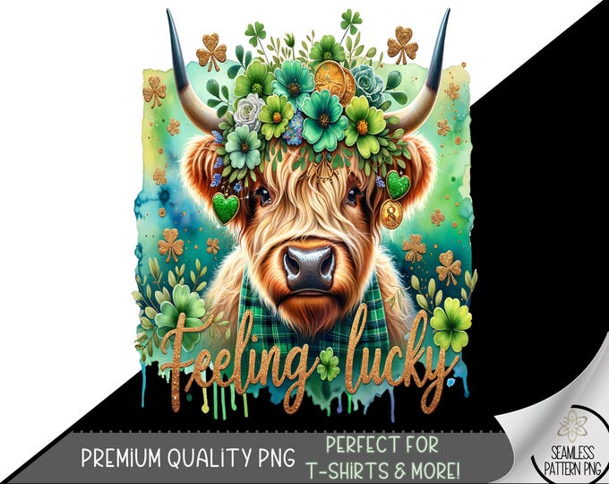 St Patrick Highland Cow Clip Art Design, Patty's Day t-shirt PNG, Irish T-shirt Design, Feeling Lucky Shirt Design,Shamrock Sublimation, A61