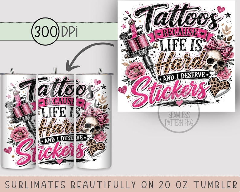 Tattoos 20 oz Tumbler Wrap, Edgy Sublimation Design for Straight Tumblers, Feminine PNG Files, Digital Download, B10276 image 4