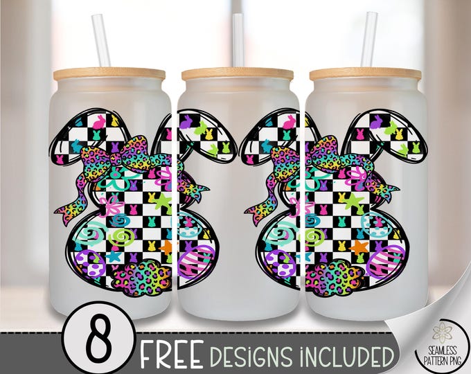 Neon Checkered Easter Bunny PNG, Easter Rabbit Glass Can Wrap, Coquette Bow Sublimation Design, Digital Download, B881