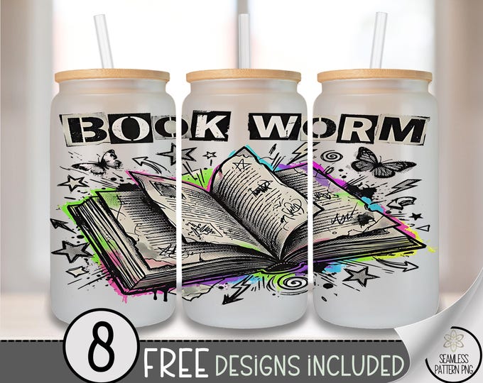 Bookworm PNG, Glass Can Wrap, Open-Book Sublimation Design, Digital Download, B934
