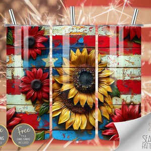 Amerikaanse vlag zonnebloem 20oz skinny tuimelaar wrap, sublimatie ontwerp, digitale download PNG, Amerikaanse tuimelaar wrap PNG, 4 juli tuimelaar