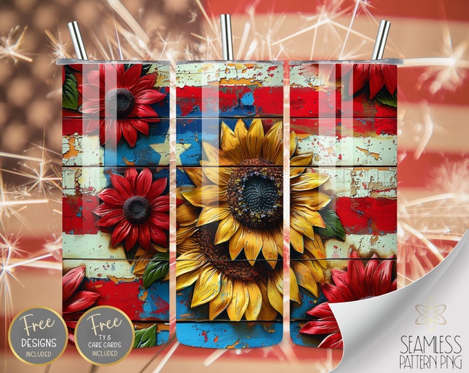 American Flag Sunflower 20oz Skinny Tumbler Wrap, Sublimation Design, Digital Download PNG, American Tumbler Wrap PNG, 4th of July Tumbler