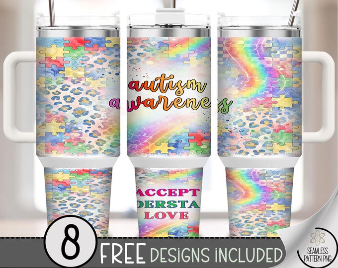 Autism Awareness 40 oz Tumbler Wrap, Puzzle Pattern Sublimation Design, Acceptance PNG Files, Rainbow 40oz Tumbler Design B10058