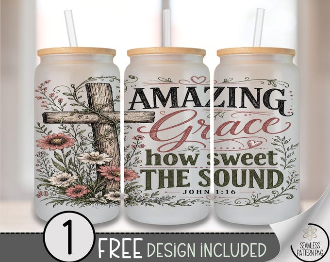 Rustic Wooden Cross Glass Can Wrap, Amazing Grace 16oz Tumbler Design, Faith PNG File, Digital Download, B10238