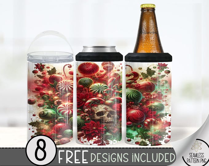 Christmas Skeleton Can Cooler Wrap, Candy Skull 16 Oz 4 in 1 Tumbler Sublimation Design, Seamless Cooler Tumbler Wrap, Xmas 4in1 Cooler Wrap