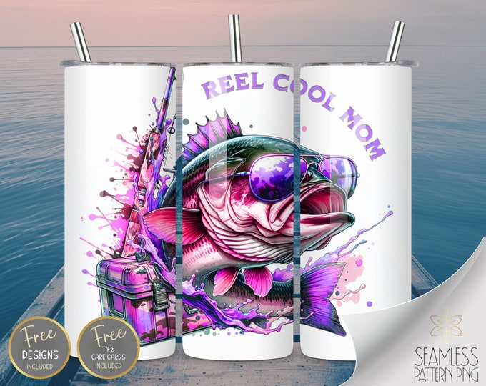 Reel Cool Mom PNG 20 oz Straight Tumbler Wrap Sublimation, Hot Purple Skinny Tumbler Design Files, Bass Fish Camo Image Instant Download