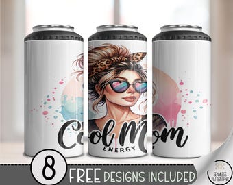 Cool Mom Energy 4-in-1 Can Cooler Wrap PNG, Messy Bun Leopard Mom Sublimation Design, Trendy Retro Mom Skinny Cooler Wrap, A363