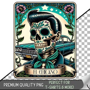El Chicano Tarot-Karte PNG Design, trendige Zuckerschädel-Designdatei, La Chicano Style Lowrider Sublimationsdesign, Blumenskelett Clipart, A125