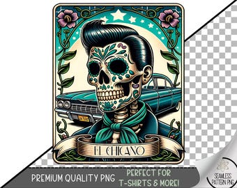 El Chicano Tarot Card PNG Design, Trendy Sugar Skull Design File,La Chicano Style Lowrider Sublimation Design, Floral Skeleton Clipart, A125